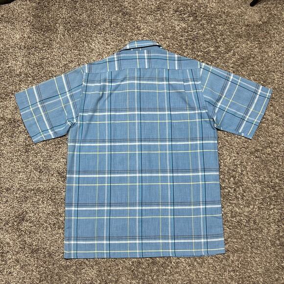 Vintage 80s Plaid Shirt Button Up Short Sleeve Lightweight Polyblend Blue Medium - Picture 6 of 7